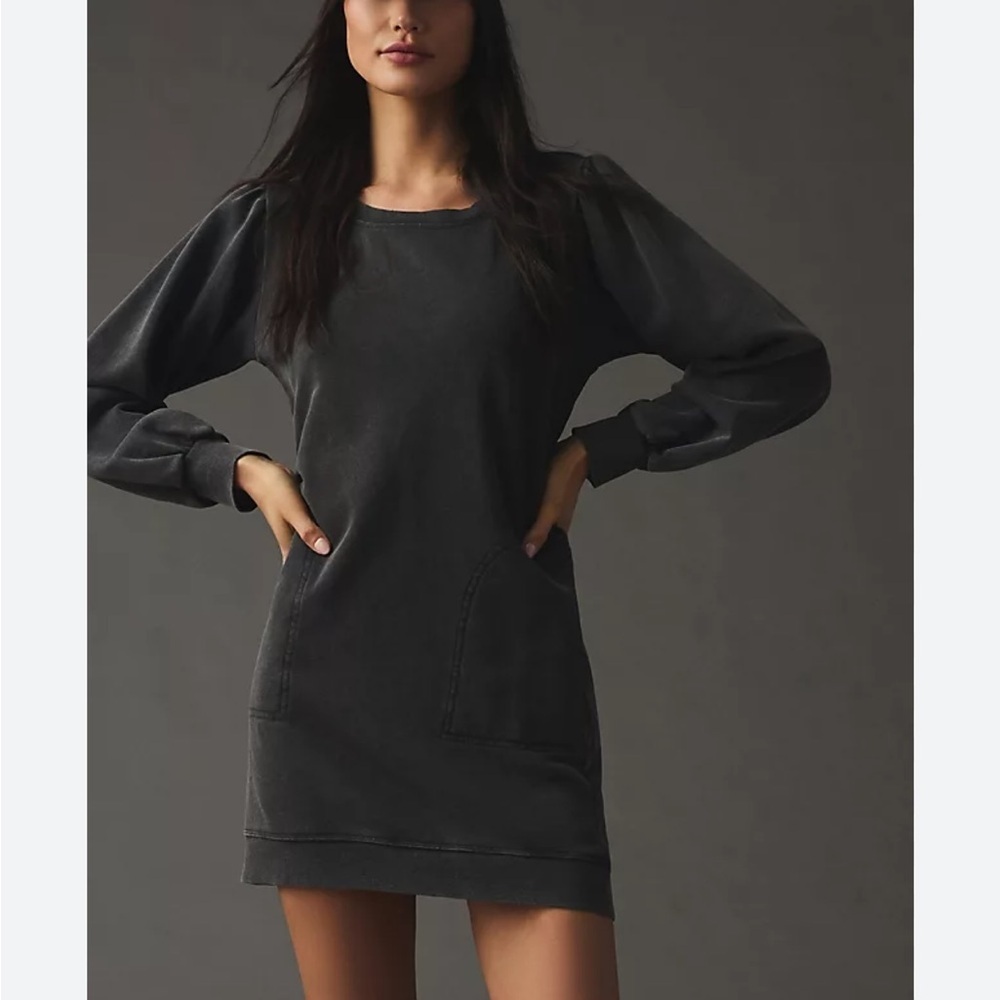 Anthropologie Daily Practice Mini Sweatshirt Dress Poxkets Washed Black Sz L NEW